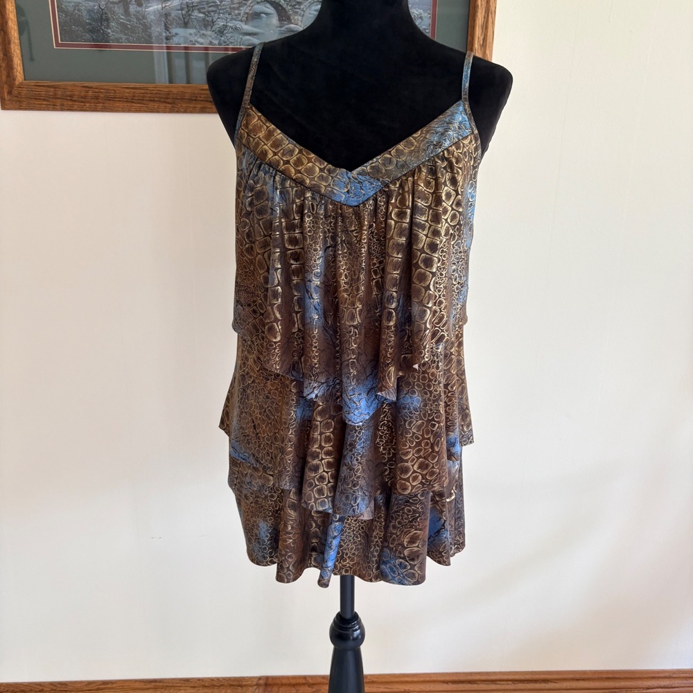 Dots Tiered Ruffle Cami Top Womens 1X Bronze Blue Metallic Animal Print Party